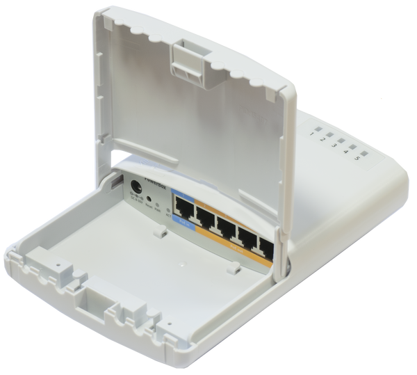 Switch Mikrotik, RB750P-PBr2 PowerBox, carcasa exterior cu cleme pentru montaj stalp, 5x Porturi 10/100Mbps, din care 4 Porturi POE